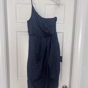 Lulus Law of Attraction Navy Blue One-Shoulder Asymmetrical Midi Dress Medium